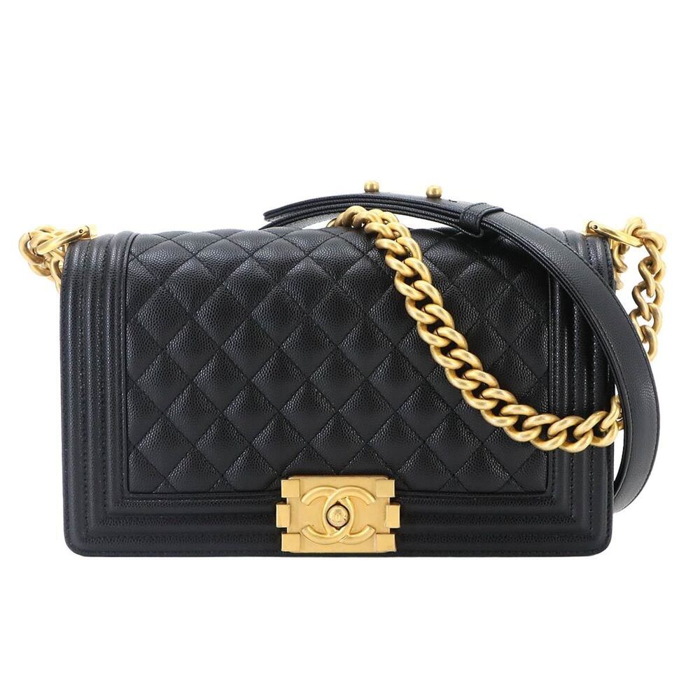 Chanel Boy Chain Shoulder Handbag, Caviar Leather, Black, A67086, Gold Hardwa...